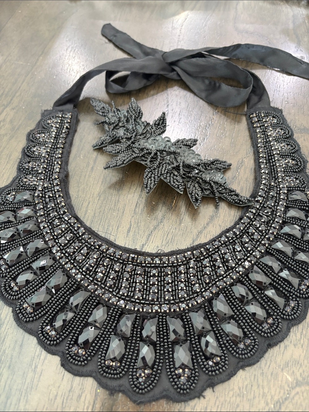 Elegant Black Beaded Statement Necklace with Ribbon Tie